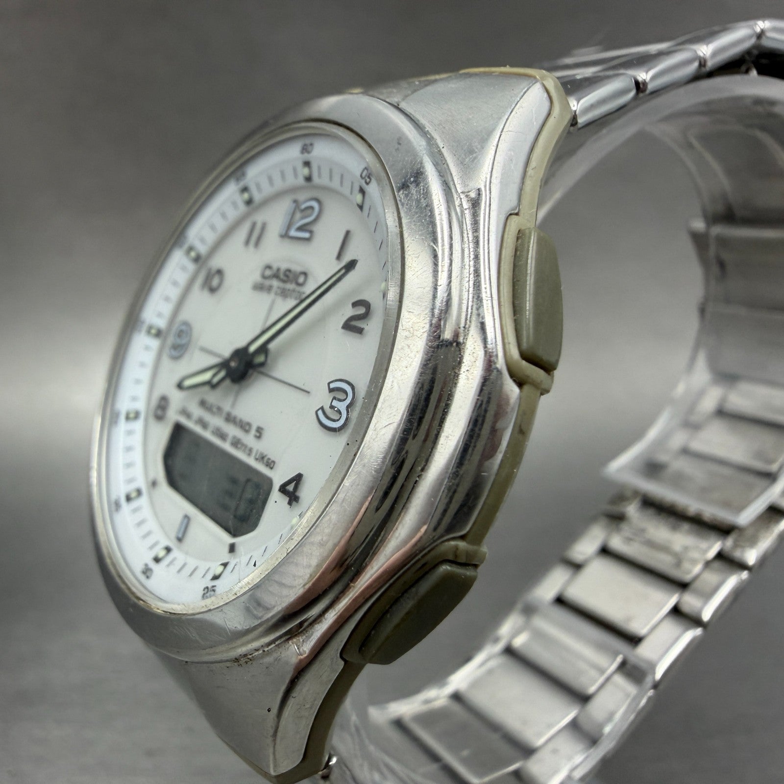 Casio Wave Ceptor Solar Watch Men 41mm White Dial Analog Digital Steel Runs KPO2
