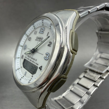 Casio Wave Ceptor Solar Watch Men 41mm White Dial Analog Digital Steel Runs KPO2
