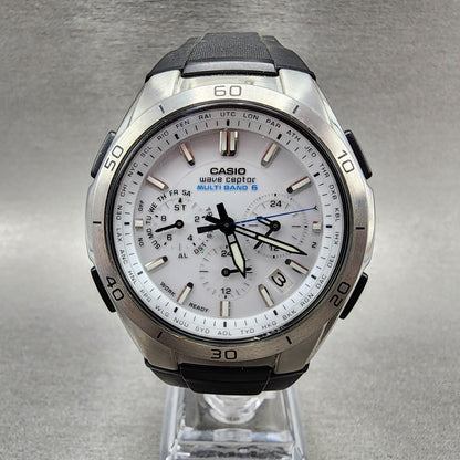 Casio Wave Ceptor Solar Watch Men 43mm White Dial Silver Tone Chronograph Runs0
