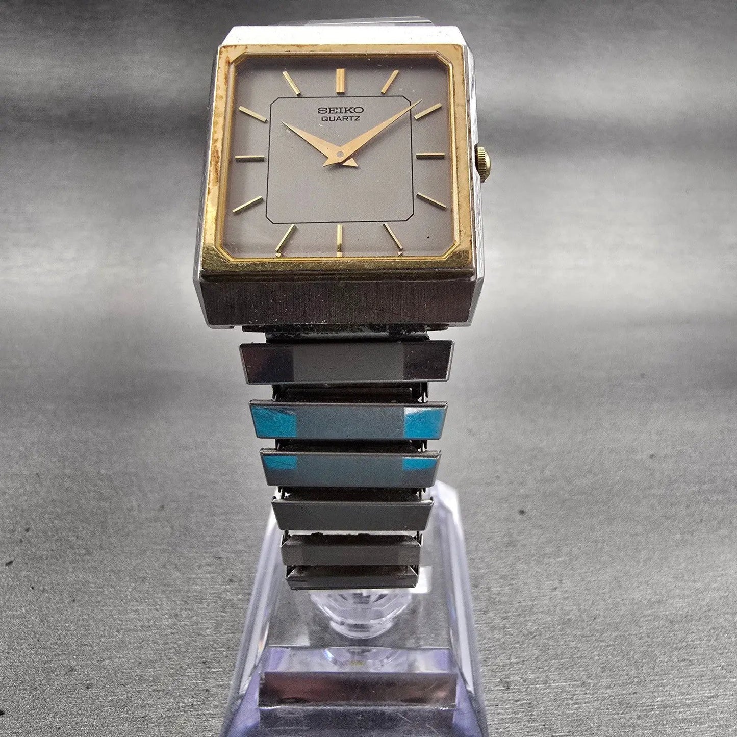 Seiko Watch Men 27mm Silver Dial Two Tone Rectangle 8620-5049 New Battery VTG5