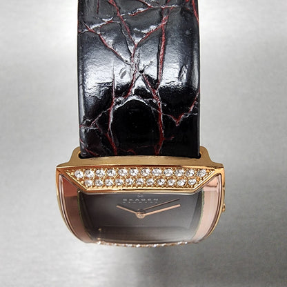 Skagen Watch Women 31mm Brown MOP Dial Rose Gold Tone Bling Bezel Rectangle Runs