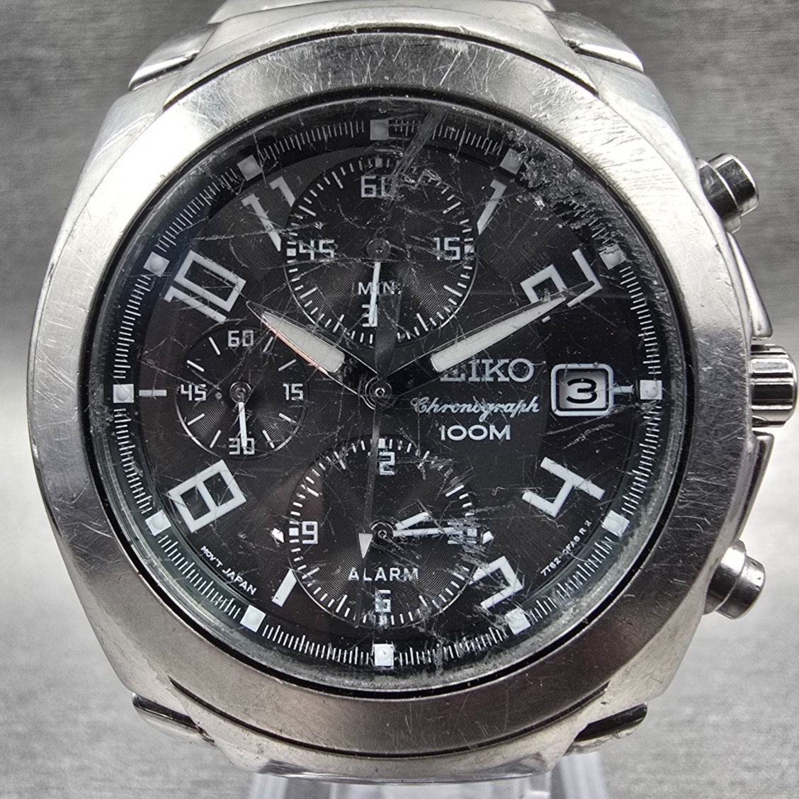 Seiko Chronograph Watch Men 38mm Black Dial Silver Tone Alarm 7T62-0EE0 New Batt1