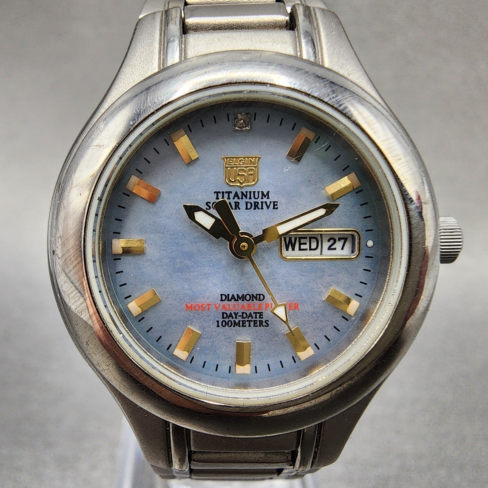 Elgin Solar Watch Women 29mm MOP Dial Titanium Gray Daydate Round FK1252C Runs1