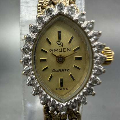 Gruen Watch Women 16mm Gold Dial Gold Tone Oval Diamond Bezel New battery VTG1