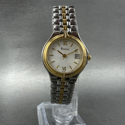 Bulova Watch Women 24mm White Dial two Tone Date Round 98M02 New Battery ABCD5