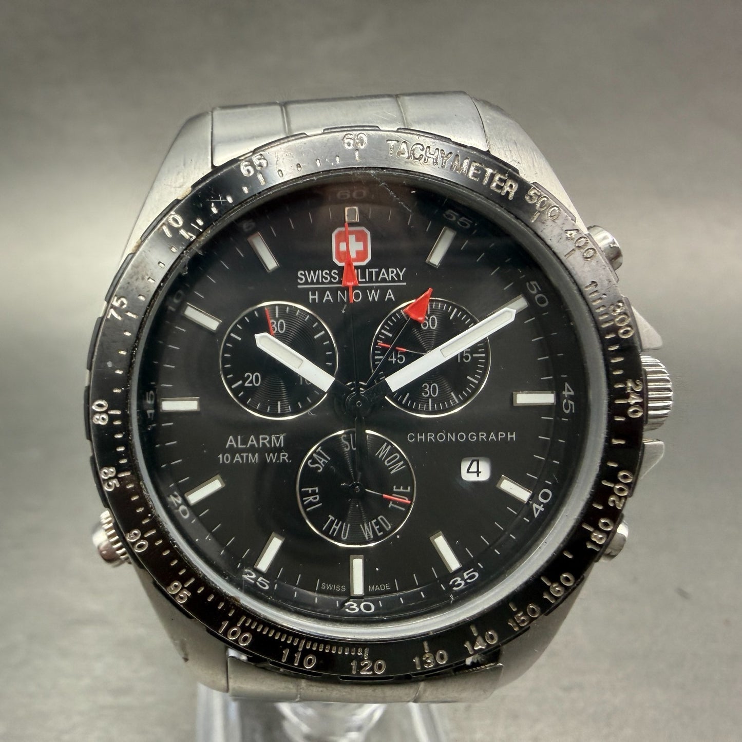 Swiss Military Chronograph Watch Men 40mm Black Dial Silver Alarm Daydate NewBat0