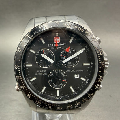 Swiss Military Chronograph Watch Men 40mm Black Dial Silver Alarm Daydate NewBat0
