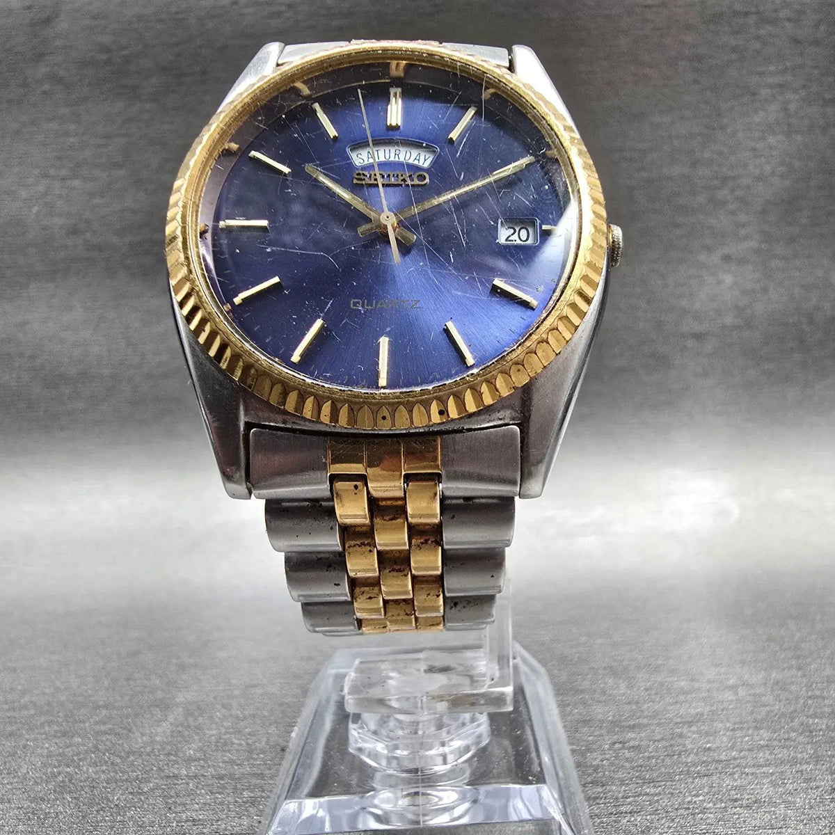 Seiko President Watch Men 35mm Blue Dial Two Tone Daydate Round 7N43-8111 NewBat5