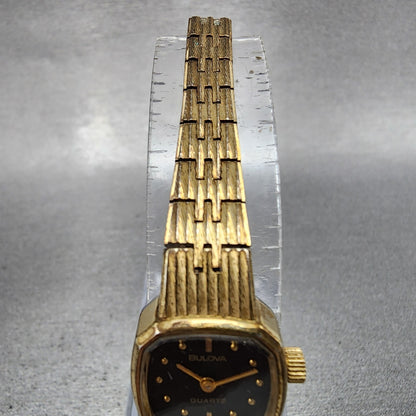 VTG Bulova Watch Women 16mm Black Dial Gold Tone Rectangle 6971 New Battery