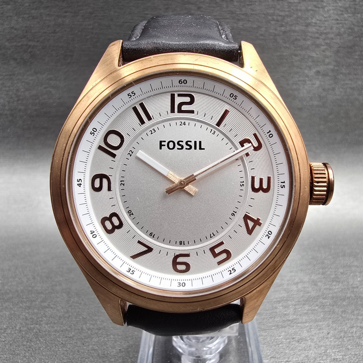 Fossil Watch Men 46mm White Dial Rose Gold Tone Round BQ2245 New Battery Leather0