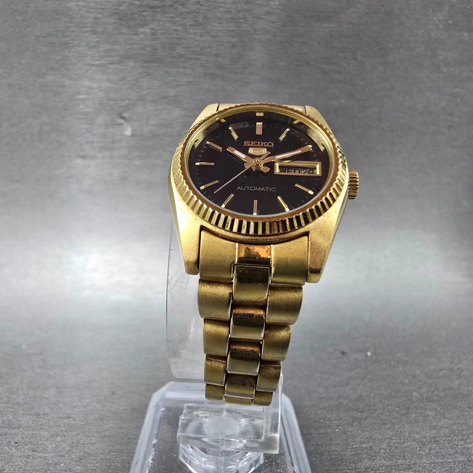Seiko 5 Automatic Watch Women 25mm Black Dial Gold Tone Daydate 4206-0510 Runs5