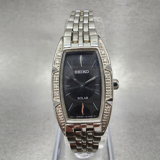 Seiko Solar Tank Watch Women 18mm Black Dial Silver Tone V115-0an0 Runs