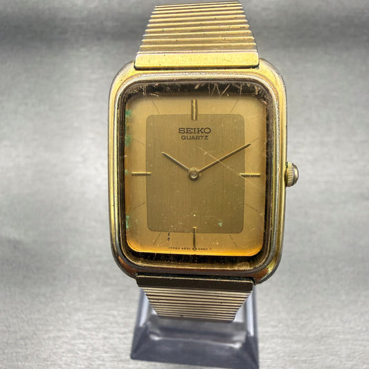 Seiko Tank Watch Men 25mm Gold Dial Gold Tone Rectangle 6530-5479 New Battery0