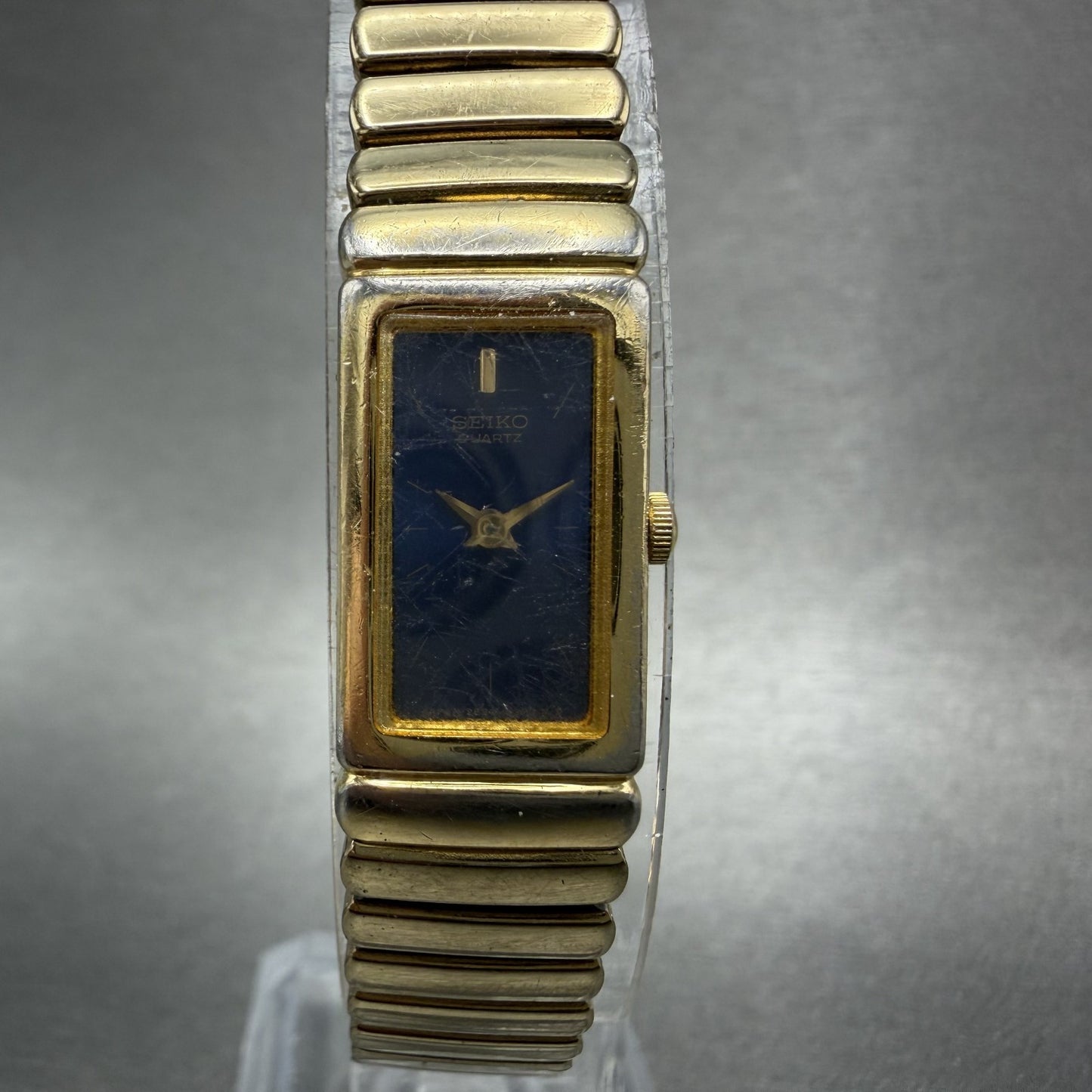 Seiko Tank Watch Women 13mm Blue Dial Gold Tone Rectangle 2E206759 New Battery0