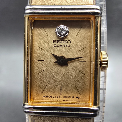 Seiko Tank Watch Women 12mm Gold Dial Gold Tone Rectangle 2E20-5409 New Battery1