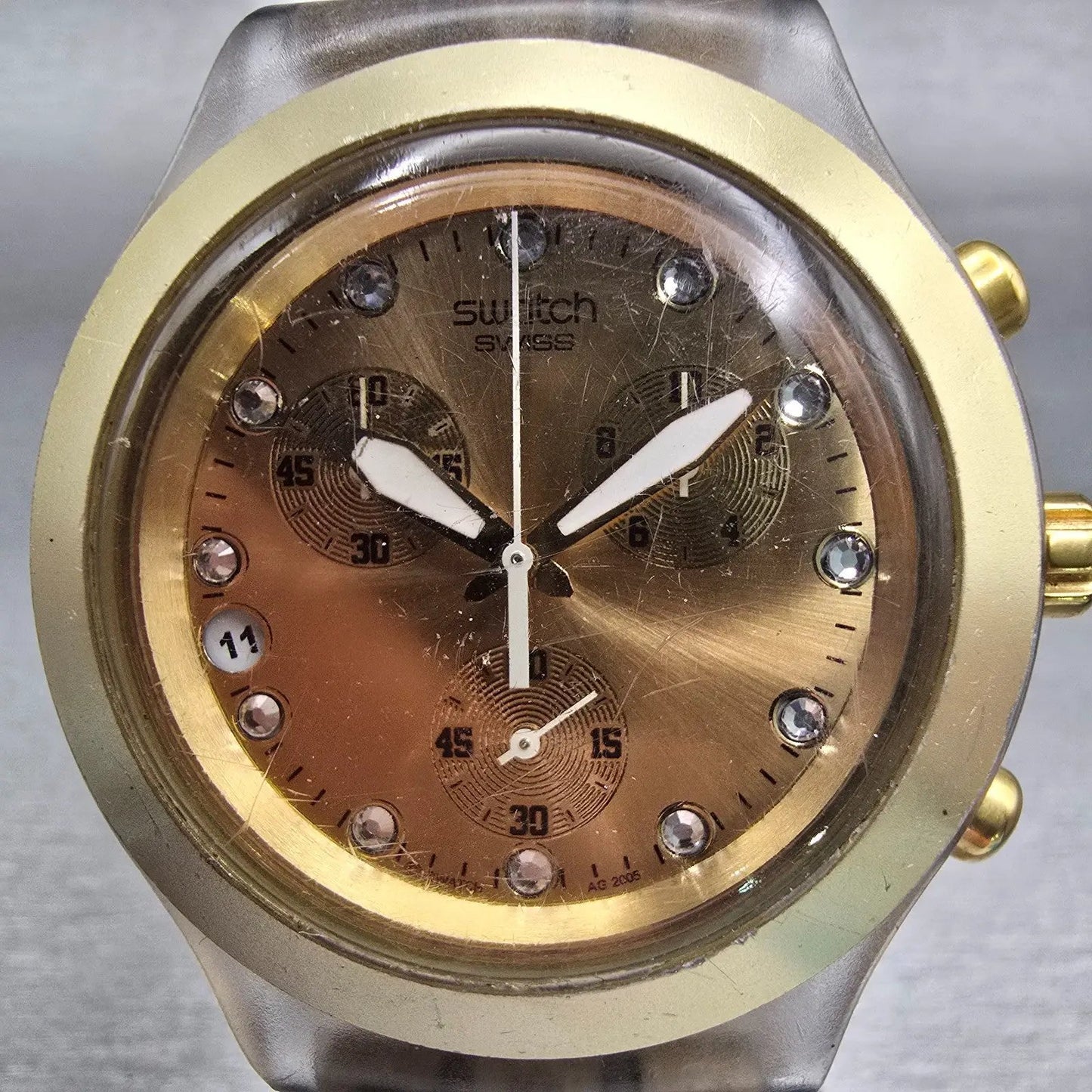 Swatch Irony DIAPHANE FULL BLOODED Chronograph Watch Men Gold Dial READ New Batt1