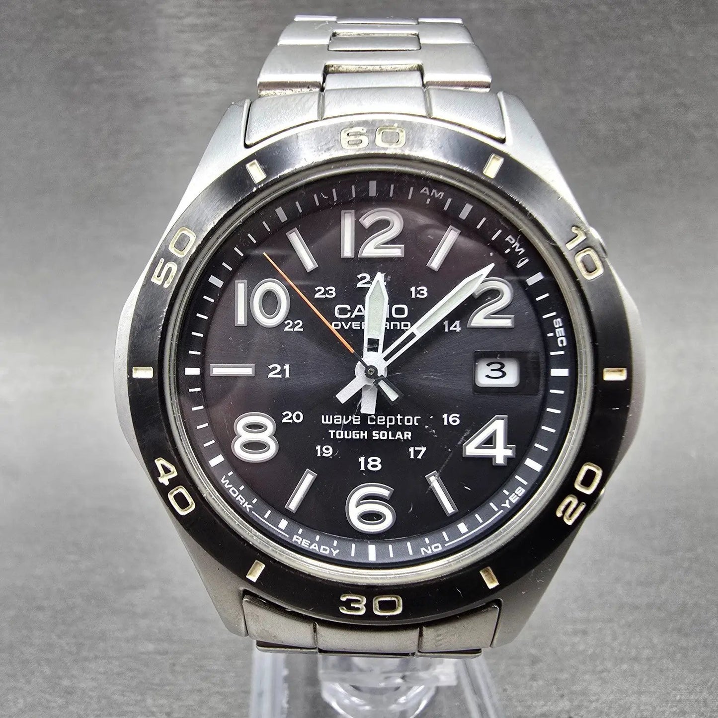 Casio Overland Wave Watch Men 42mm Black Dial Steel Date Solar Round READ!!!!0