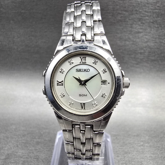 Seiko Le Grand Watch Women 27mm MOP Dial Silver Diamonds Date 7N82-0DH0 New Batt0