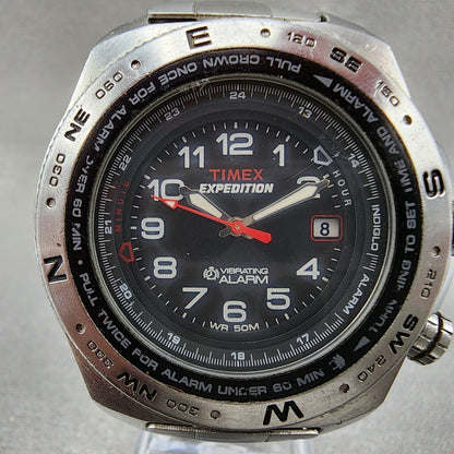 Timex Expedition Watch Men 42mm Black Dial Silver Tone Date New Battery READ!!