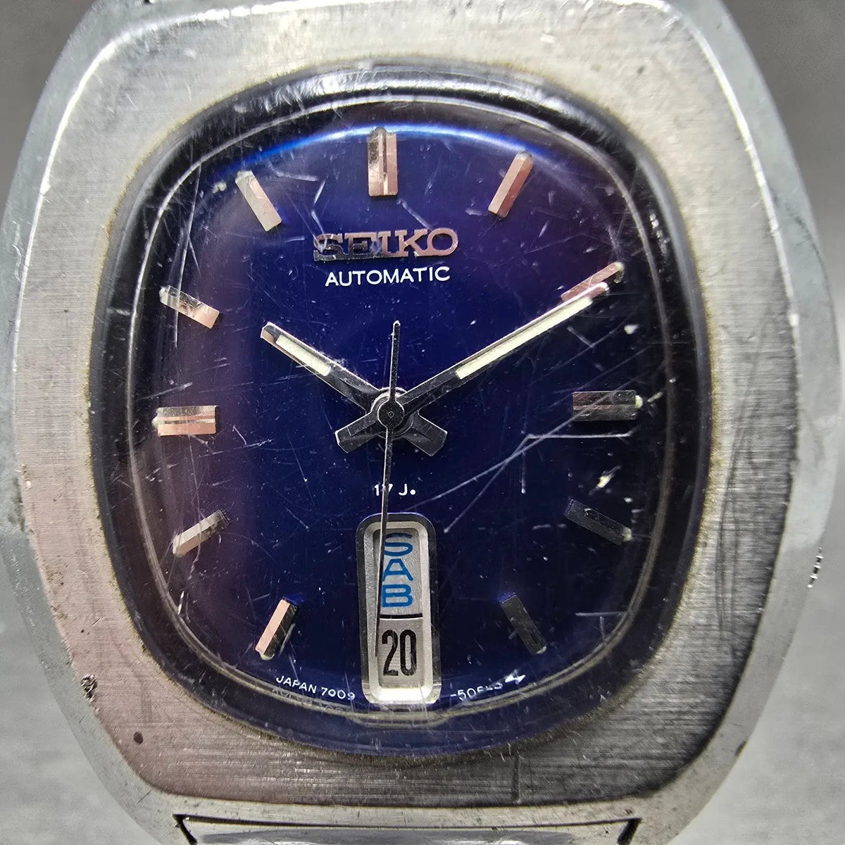 Seiko Automatic Watch Men 37mm Blue Dial Silver Daydate 7009-5059 Oval Runs VTG1