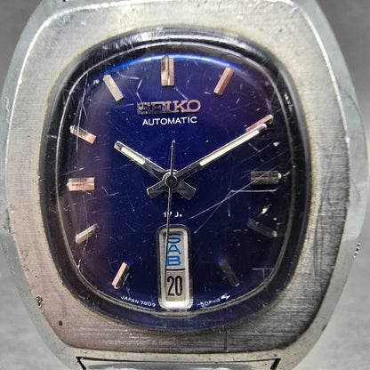 Seiko Automatic Watch Men 37mm Blue Dial Silver Daydate 7009-5059 Oval Runs VTG1