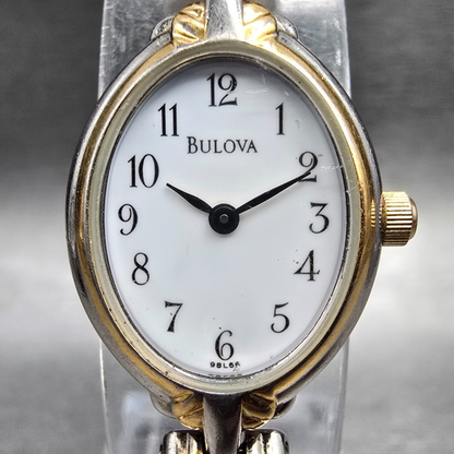 Bulova Watch Women 17mm White Dial Two Tone Oval 98L66 New Battery JP3241