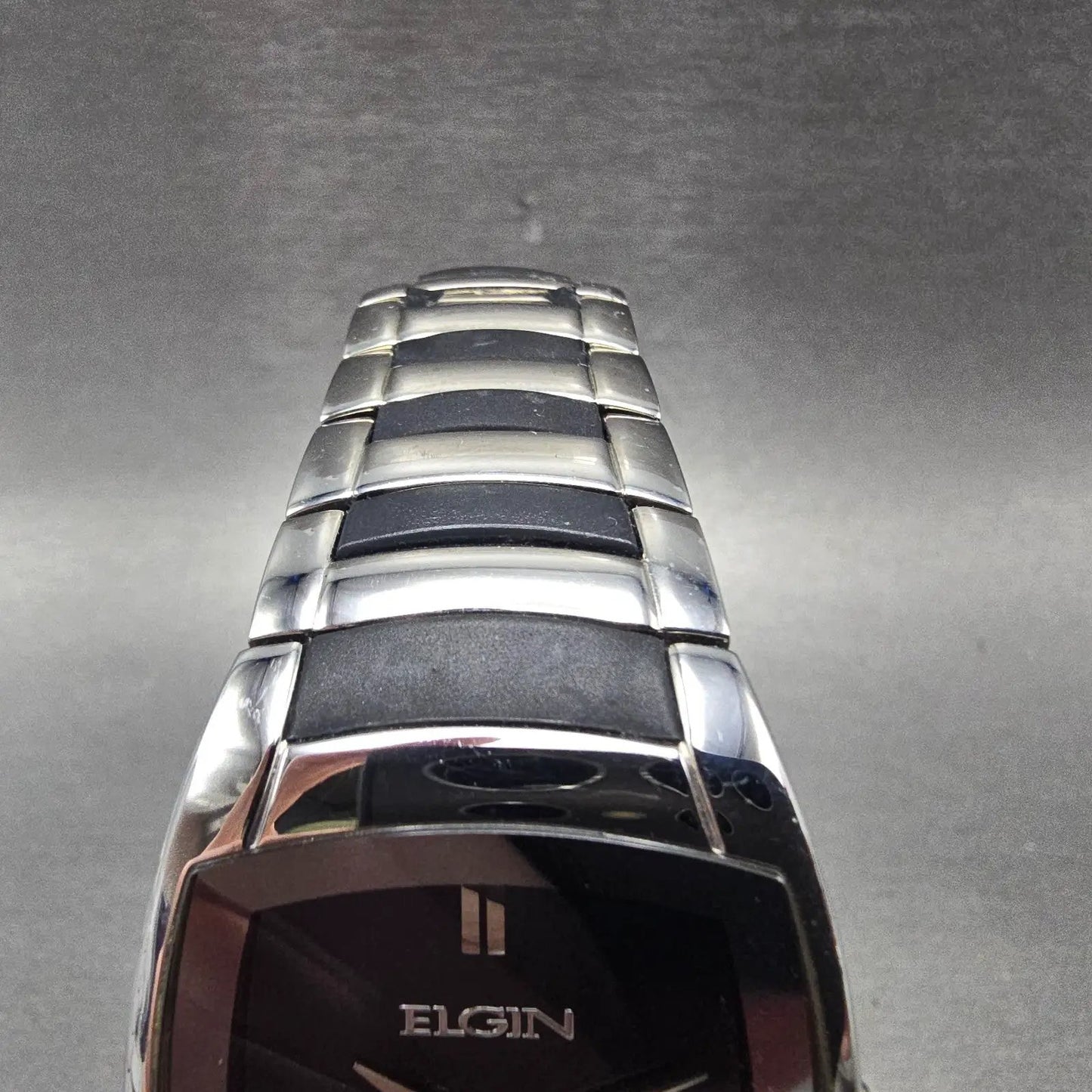 Elgin Tank Watch Men 34mm Black Dial Silver Tone Date Rectangle EG453 NewBattery5