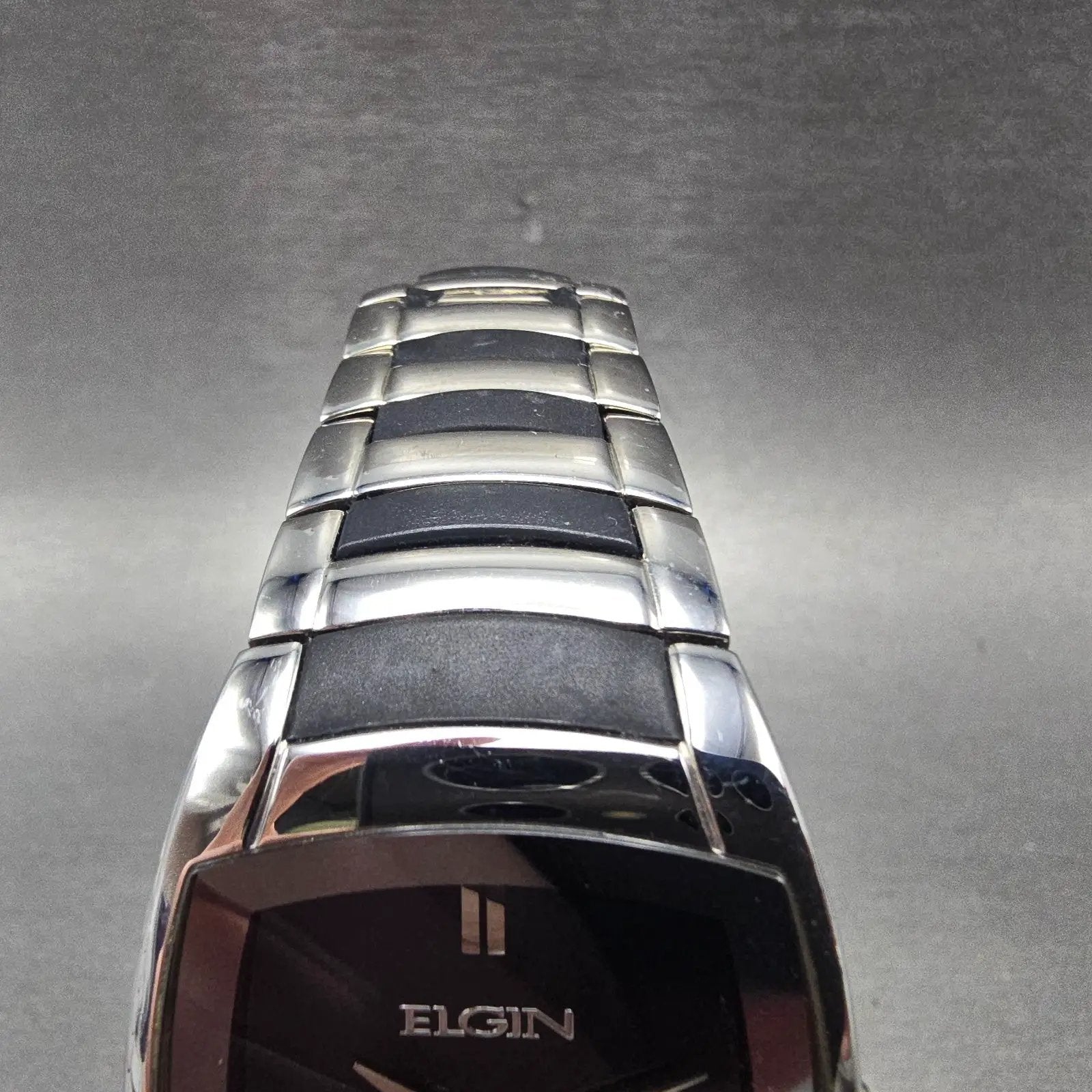 Elgin Tank Watch Men 34mm Black Dial Silver Tone Date Rectangle EG453 NewBattery5