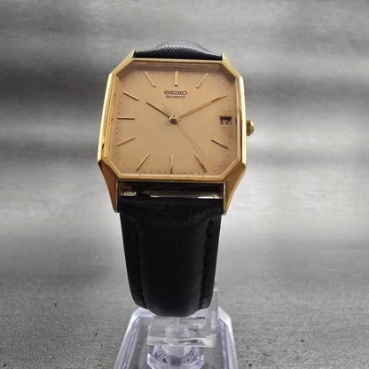 Seiko Tank Watch Men 28mm Gold Dial Gold Tone Date Rectangle 6532-5079 New Batt5