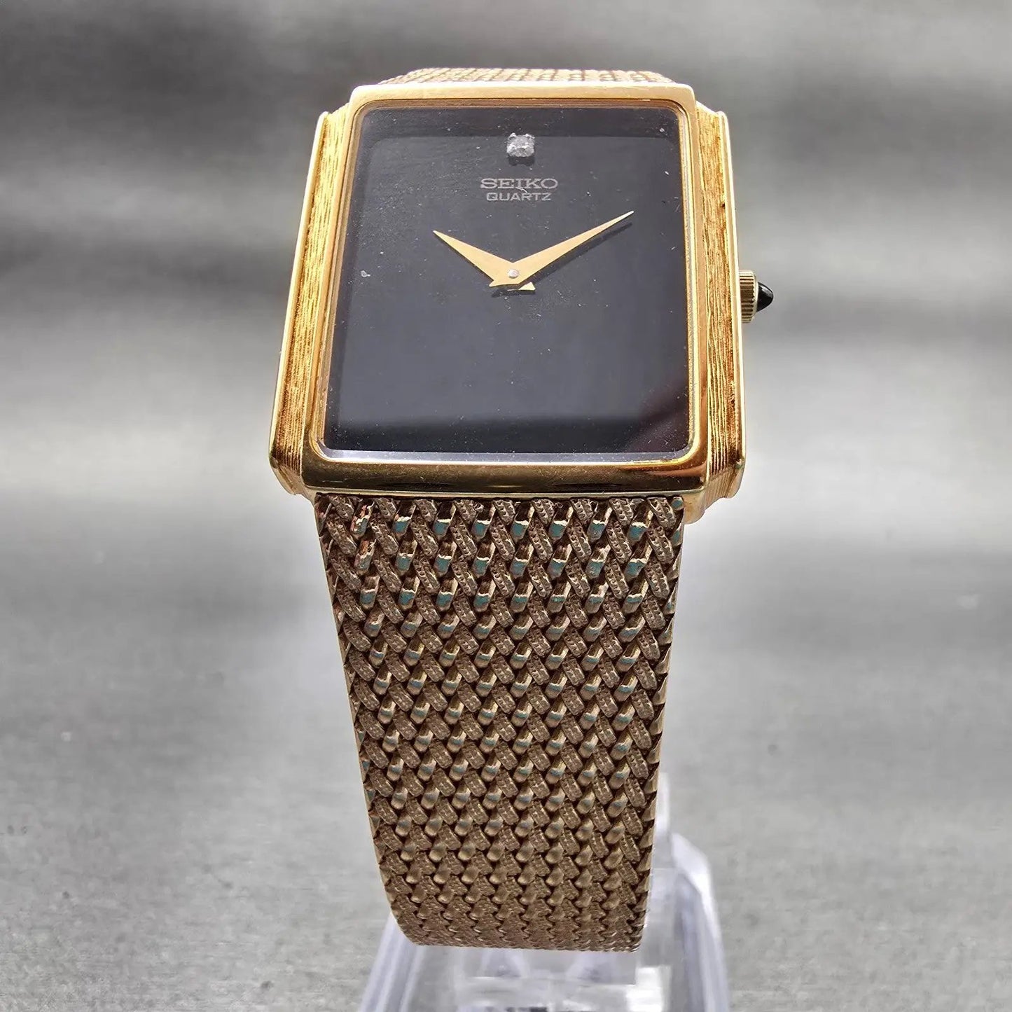 Seiko Watch Men 25mm Black Dial Gold Tone Rectangle 7430-5499 New Battery VTG5