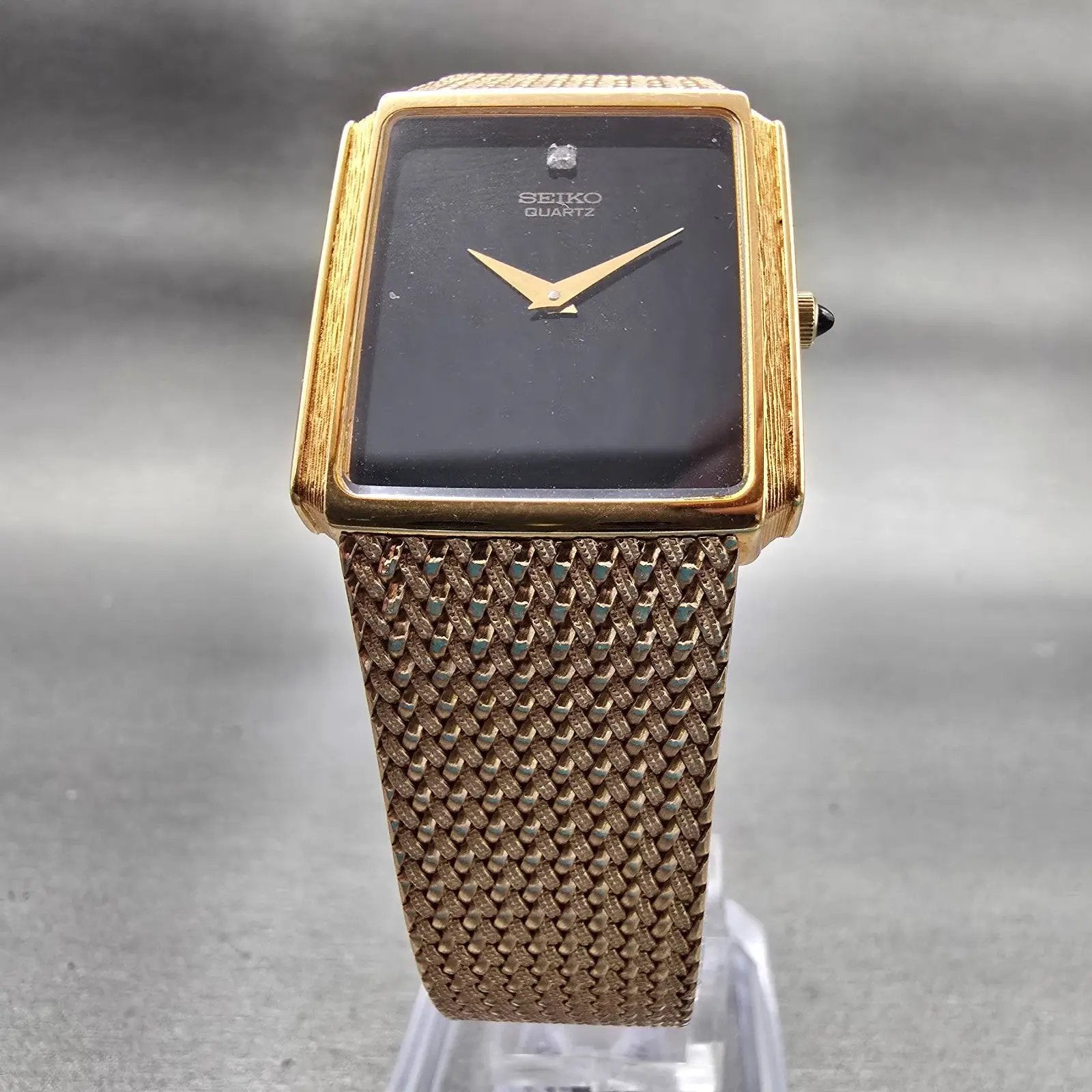Seiko Watch Men 25mm Black Dial Gold Tone Rectangle 7430-5499 New Battery VTG5
