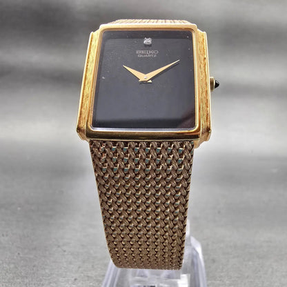 Seiko Watch Men 25mm Black Dial Gold Tone Rectangle 7430-5499 New Battery VTG5