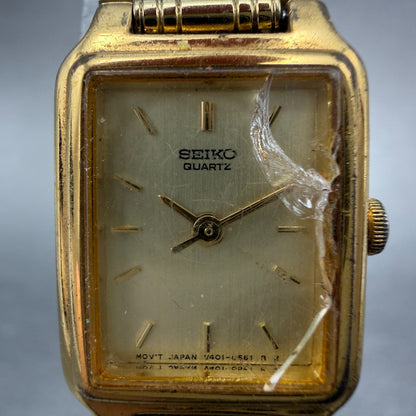 Seiko Tank Watch Women 18mm Champagne Dial Gold Tone Rectangle V401-5129 NewBat01