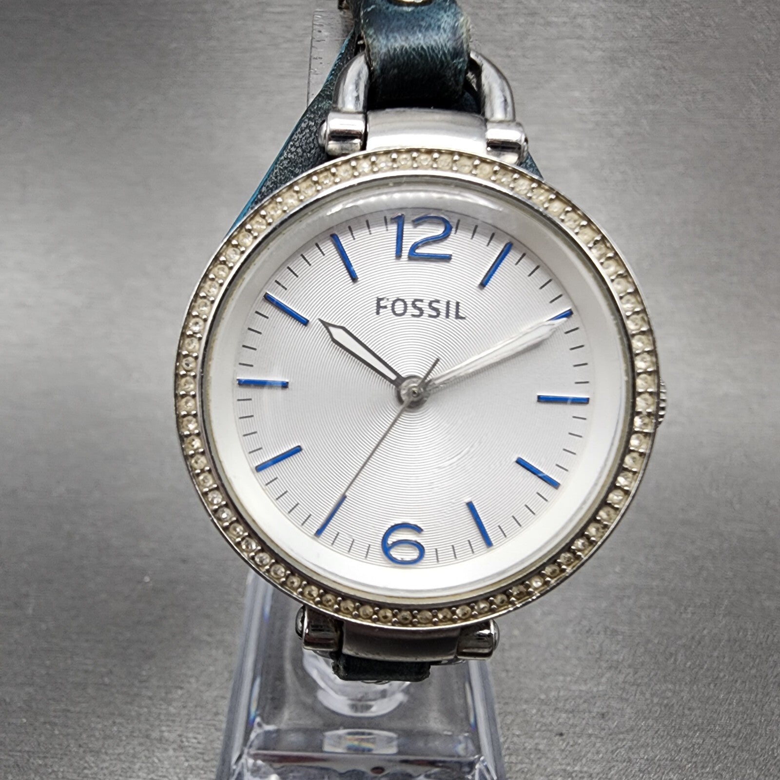 Fossil Georgia Watch Women 32mm Silver Dial Silver Tone Crystal Bezel New Batt0
