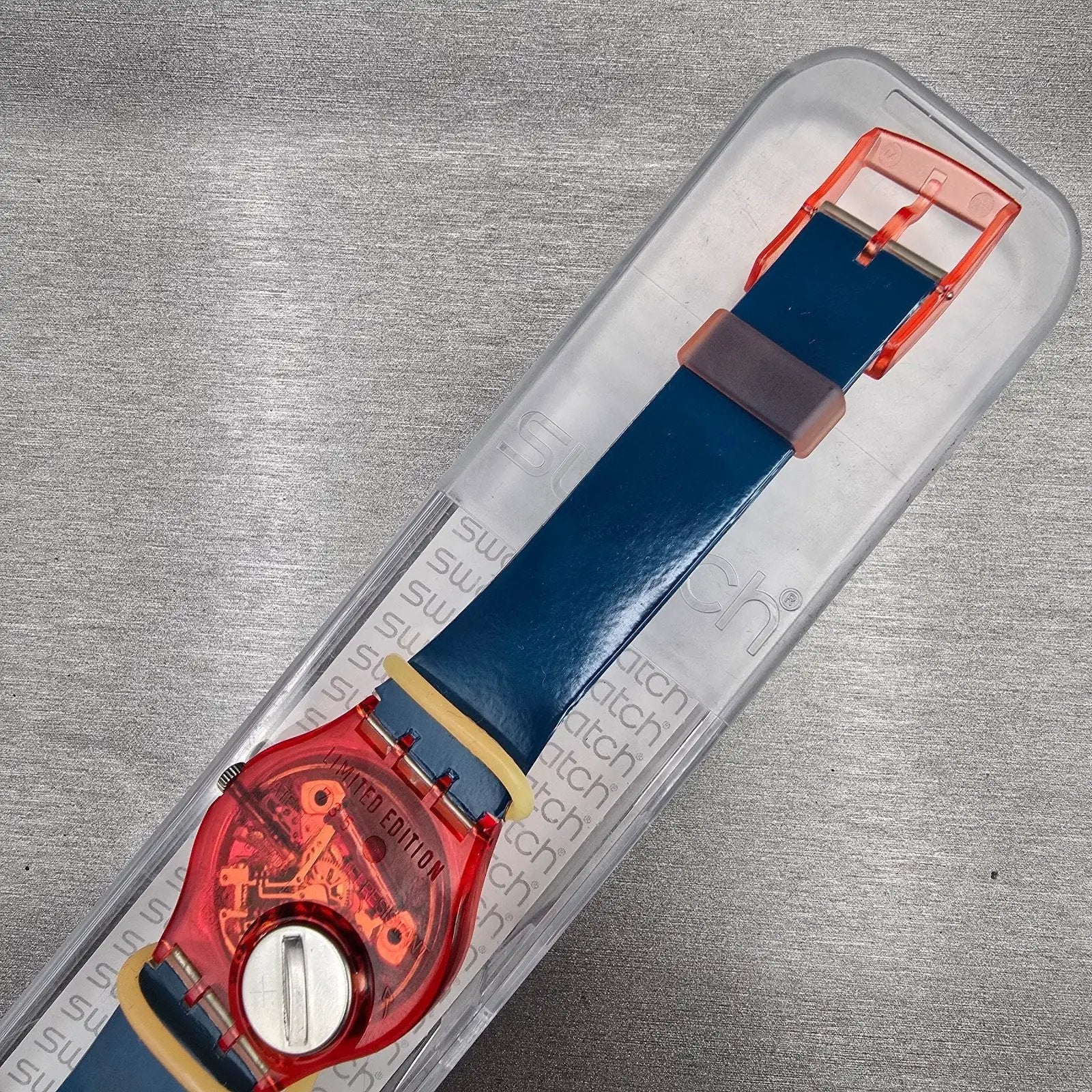 Swatch Gent Roboboy Watch Men 34m Blue Dial Red Case Round GR135 New Battery VTG8