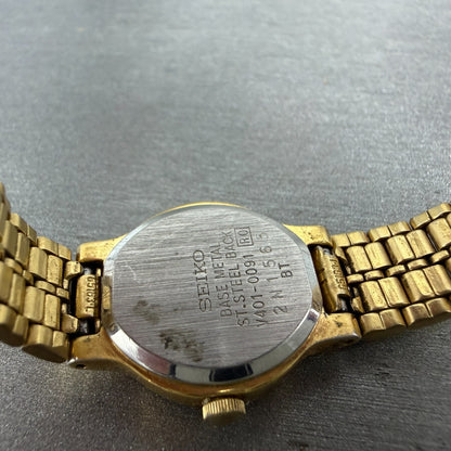Seiko SX Watch Women 19mm Black Dial Gold Tone Round V401-0091 New Battery HE69