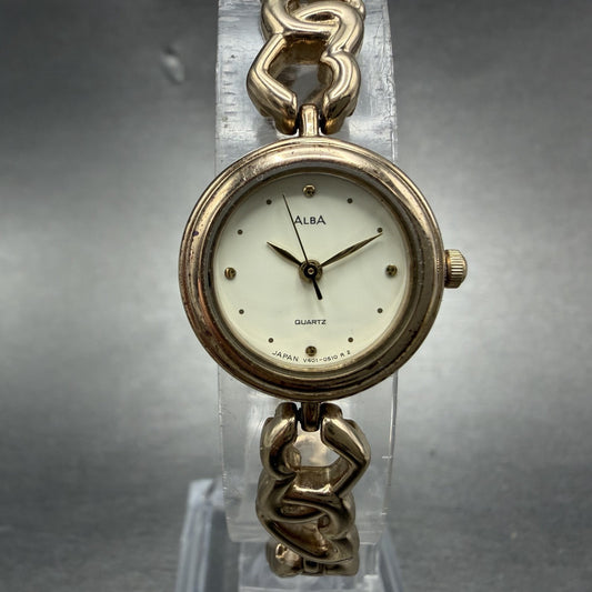 Seiko Alba Heart Watch Women 20mm White Dial Rose Gold Tone V401-0190 New Batt0
