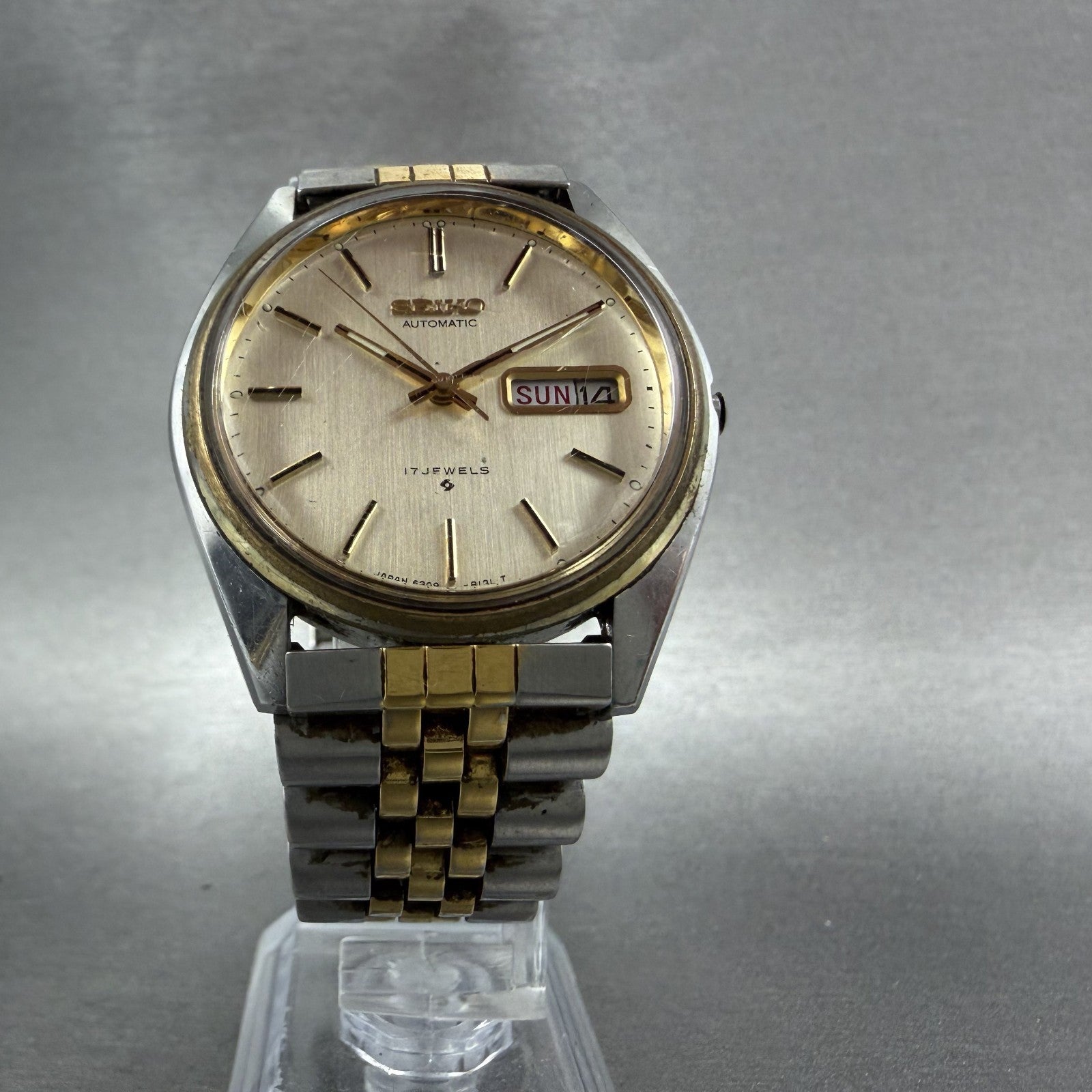 Seiko Automatic Watch Men 37mm Silver Dial Two Tone 6309-8029 Daydate Runs READ5