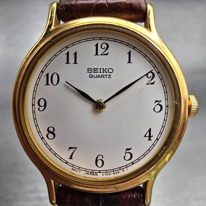 Seiko Watch Women 25mm White Dial Gold Tone Round V700-6091 New Battery Vintage1