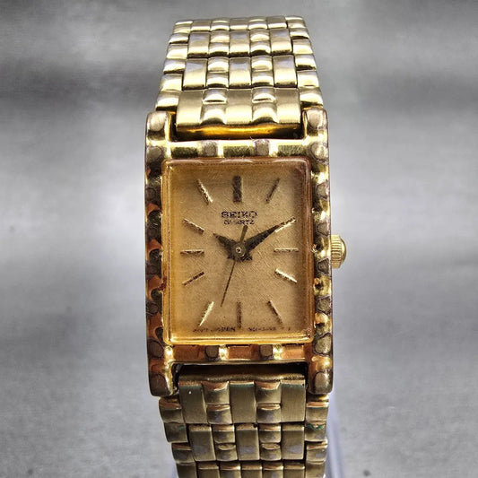 Seiko Watch Women 16mm Gold Dial Gold Tone Rectangle 1N01-5A69 New Battery VTG0