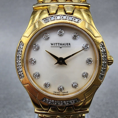 Wittnauer Watch Women 25mm MOP Dial Gold Tone Diamond Bezel Round New Battery1