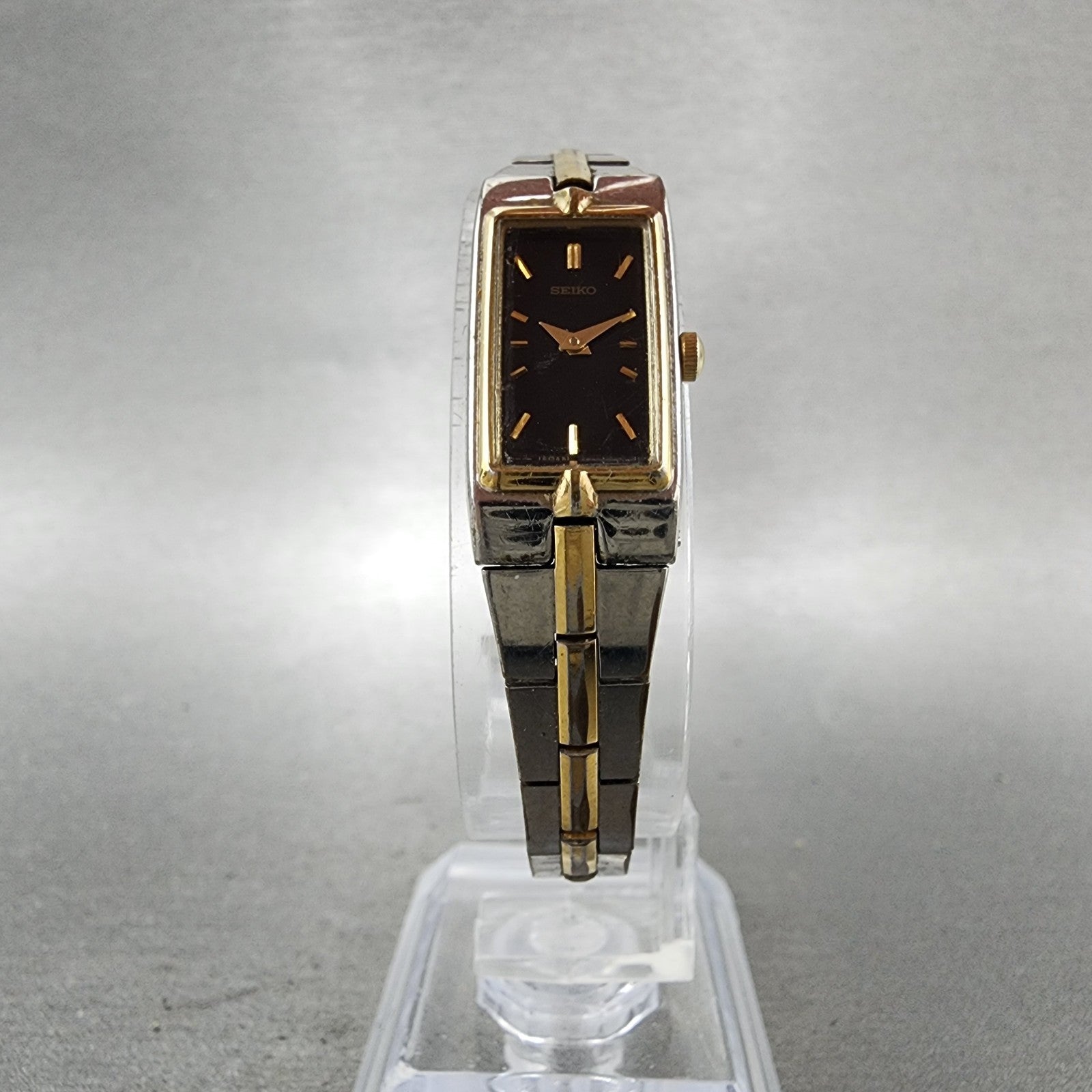 Seiko Tank Watch Women 13mm Black Dial Two Tone Rectangle 2E200AY0 New Battery5