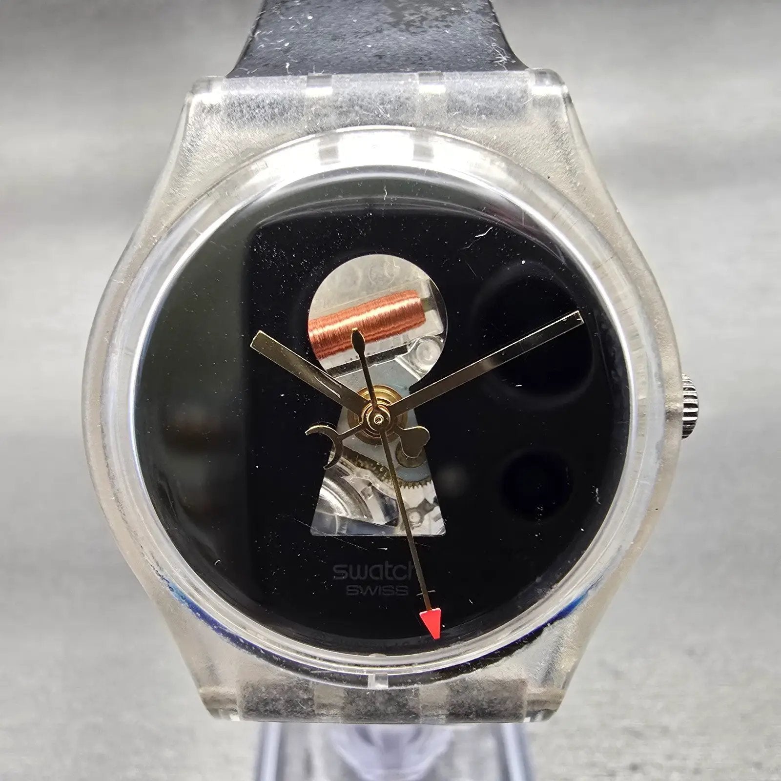 Swatch Porte Jarretelles Watch Men 34mm Black Dial Clear Case GK316 New Battery1