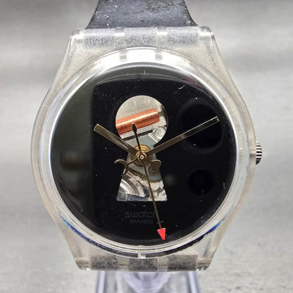 Swatch Porte Jarretelles Watch Men 34mm Black Dial Clear Case GK316 New Battery1