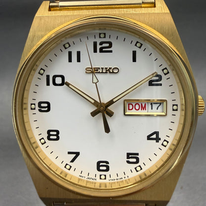 Seiko Watch Men 35mm White Dial Gold Tone Daydate Round V743-9029 New Battery1