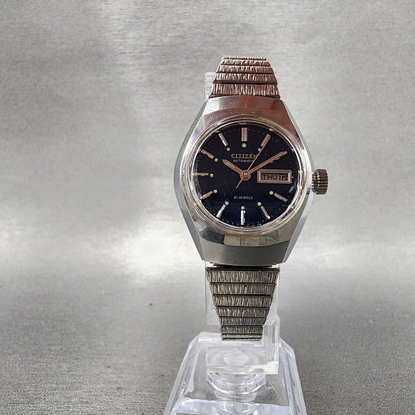 Citizen Automatic Watch Women 26mm Blue Dial Silver Tone Daydate Round Runs VTG5
