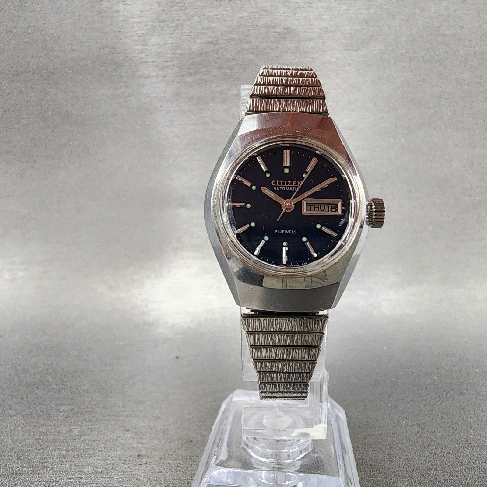 Citizen Automatic Watch Women 26mm Blue Dial Silver Tone Daydate Round Runs VTG5