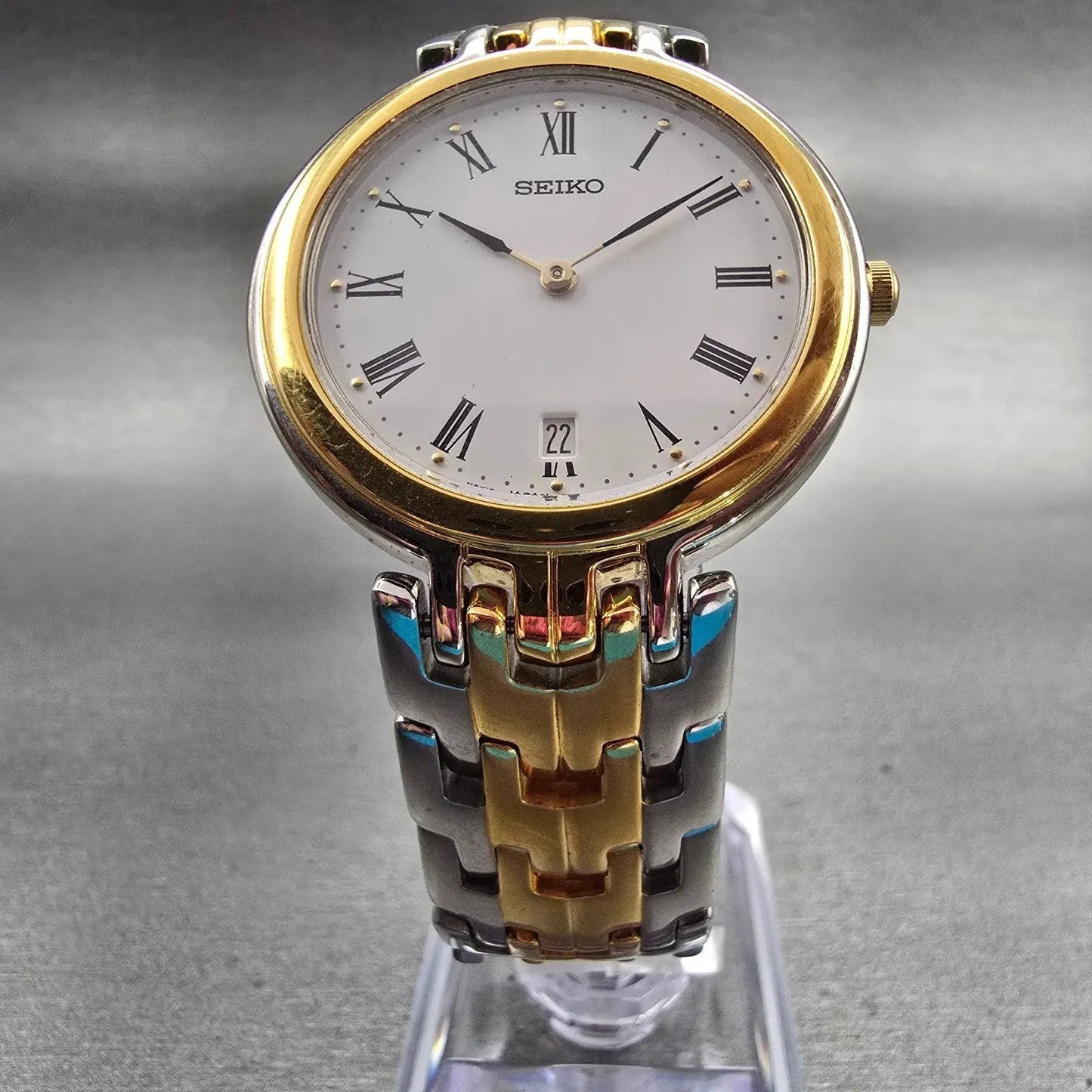 Seiko Watch Men 34mm White Dial Two Tone Date Round 7N39-7029 New Battery VTG5