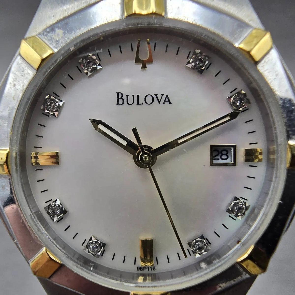 Bulova Watch Women 29mm MOP Dial Two Tone Date Round Diamonds 98P116 New Battery1