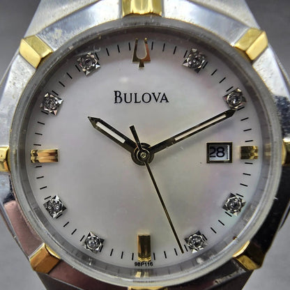 Bulova Watch Women 29mm MOP Dial Two Tone Date Round Diamonds 98P116 New Battery1